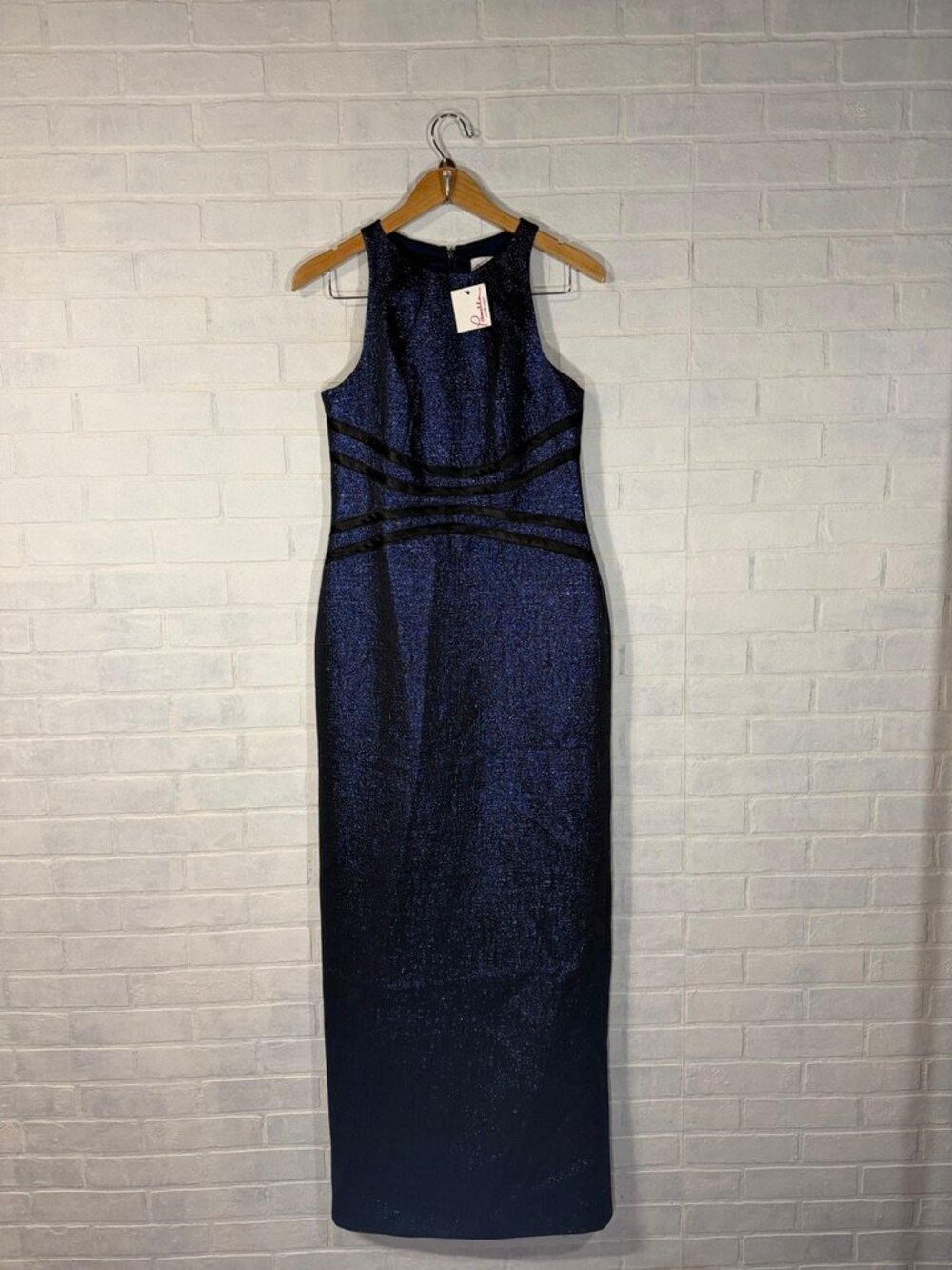 NWT Pamela Roland Sleeveless Blue and Black Metallic Evening Gown
